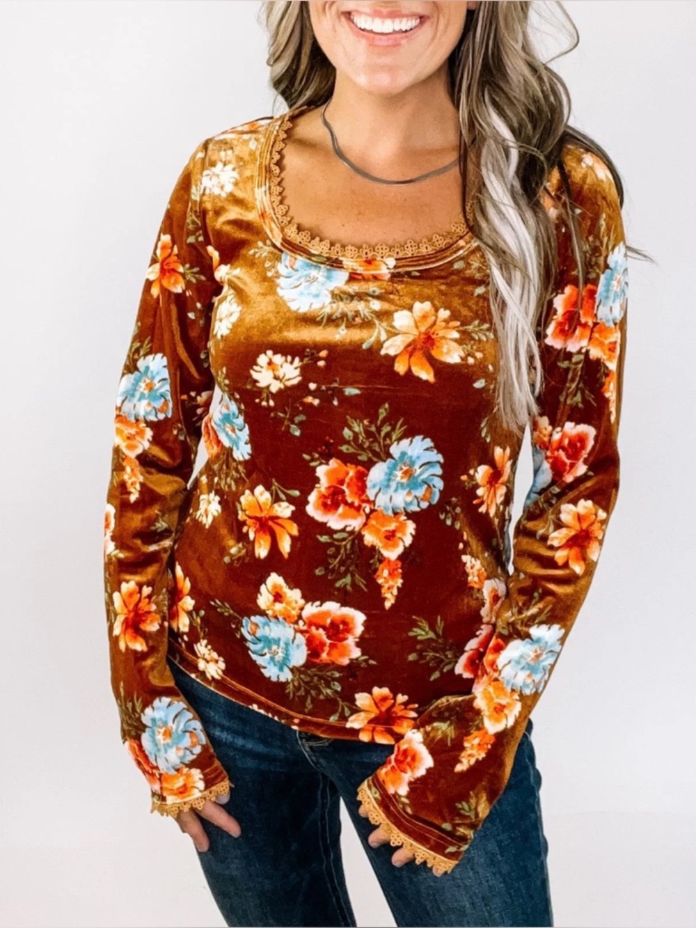 White Birch Plus 1XL Brown Floral Scoop Neck Long Sleeve Top-NWOT